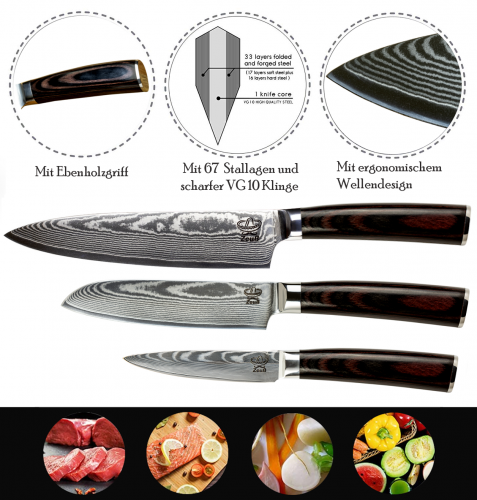 Zeuß Chefmesser Santokumesser Set Damastmesser Küchenmesser LH Lifestyle Kochmesser