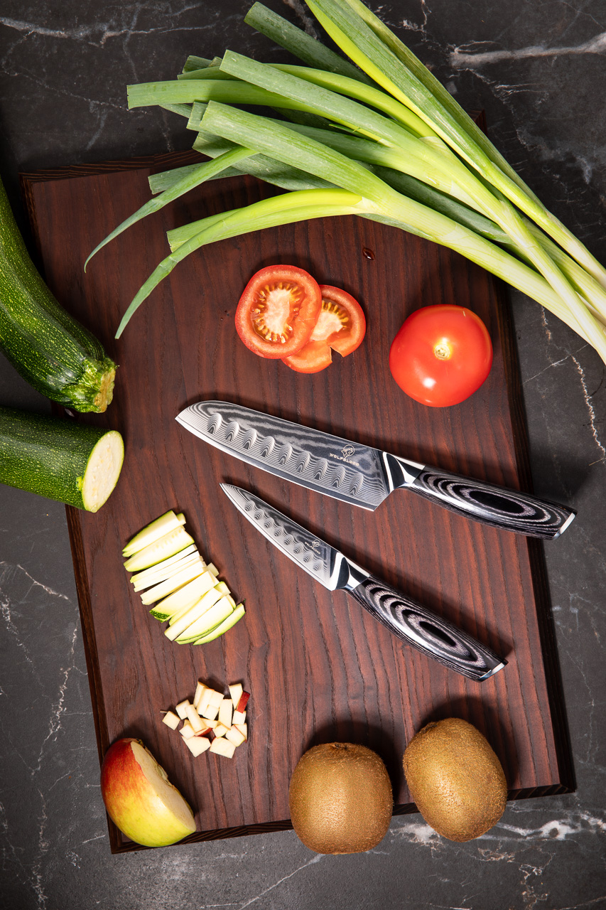 Wolfblood PRO Damastmesser Set 2-teilig - 23cm Santoku & 19cm Kochmesser Aus 67 Lagen Damaststahl