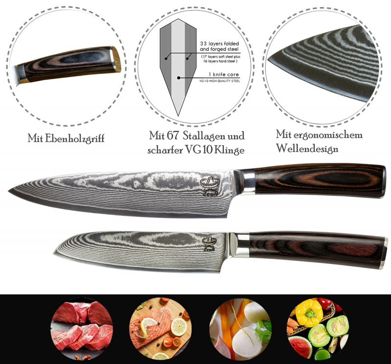 Zeuß Chefmesser Santokumesser Set Damastmesser Küchenmesser LH Lifestyle Kochmesser